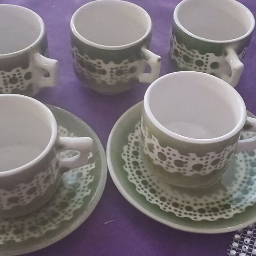 Greek coffee cups vintage, set of 6 cups and 2 saucers used