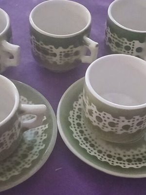 Greek coffee cups vintage, set of 6 cups and 2 saucers used