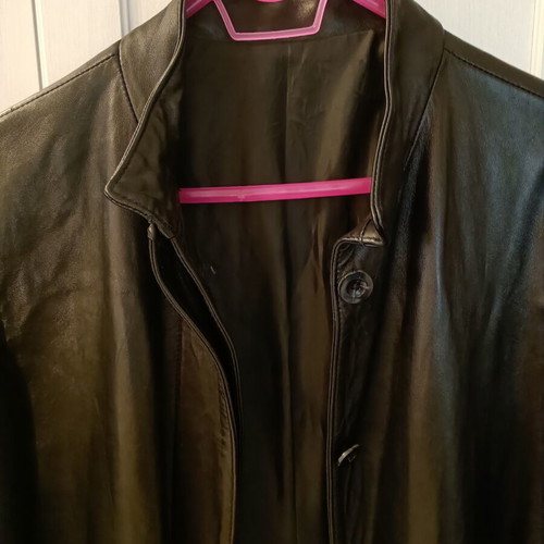 Black long leather trench coat, women's medium