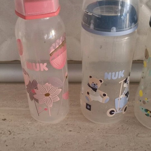 Nuk baby bottles used, glass and plastic 300ml and 125ml