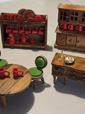 Wooden miniatures like new, set of handmade furniture and tableware