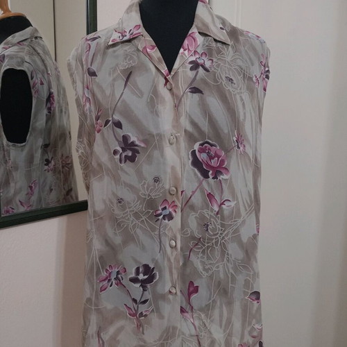 Floral sleeveless vintage shirt XL in grey-purple tones