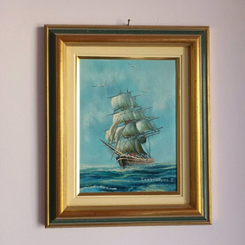 Seascape painting used, signed, framed 36x31 cm