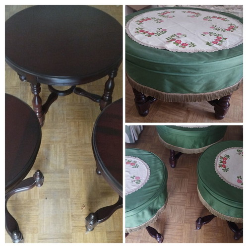 Vintage set of 3 wooden coffee tables with retro covers and embroidery used