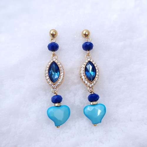 Azure Ocean handmade earrings with marquise crystals and turquoise hearts new