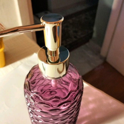 Glass cream soap dispenser new in dark salmon-pink color