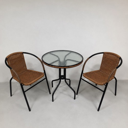 Outdoor table set with 2 chairs used, metal frame and glass top