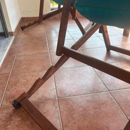 Outdoor chairs like new with blue fabric and reclining backrest