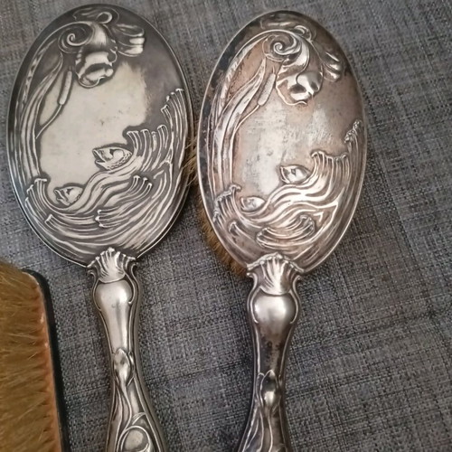 Vintage silver-plated set mirror, brushes and powder box like new