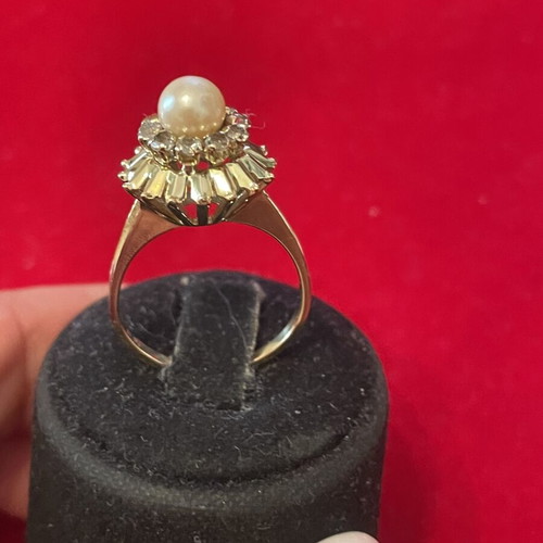 Gold ring 14k with pearl and semi-precious stones, used, size 55