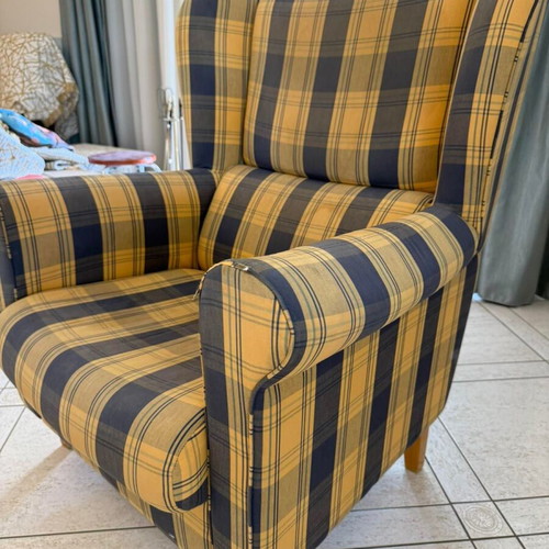 Vintage sofa bed and armchair set used, checkered fabric