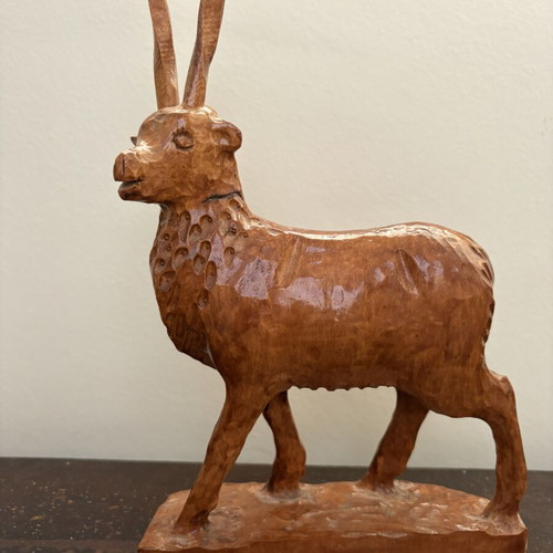 Vintage wooden antelope / ibex sculpture, handmade