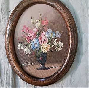Αντίκα μικρός πίνακας ζωγραφικής βάζο λουλούδια οβάλ κορνίζα