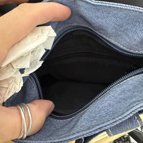 Denim-effect shoulder bag with multiple compartments