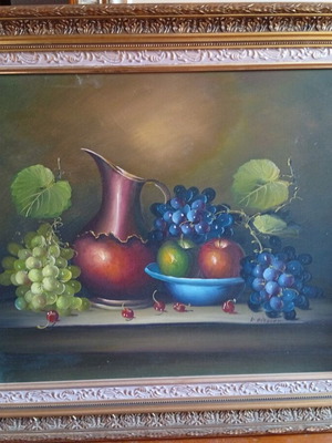Oil painting by K. Andreou like new, still life with fruits and ceramic
