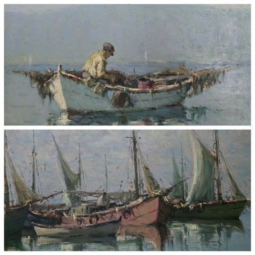 Authentic Nikos Krideras paintings used, oil on canvas 40x30 and 35x30 cm