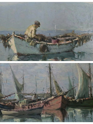 Authentic Nikos Krideras paintings used, oil on canvas 40x30 and 35x30 cm