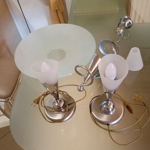 Set of ceiling lamp and 2 silver table lamps like new