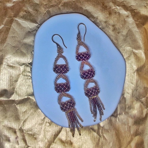 Handmade fringe earrings Miyuki red and gold, new