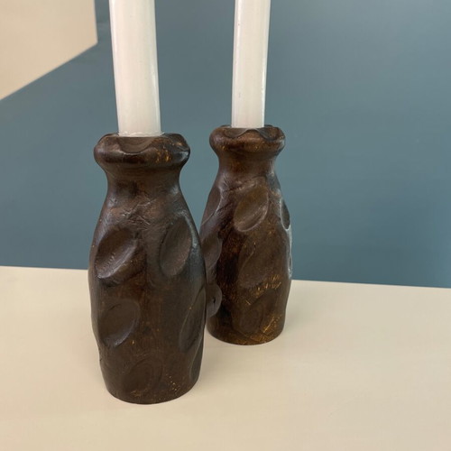 Handmade wooden candlesticks set of 2, like new, dark wood