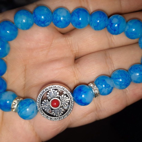 Bracelet with blue Haolite semi-precious stones, metal cross and beads new