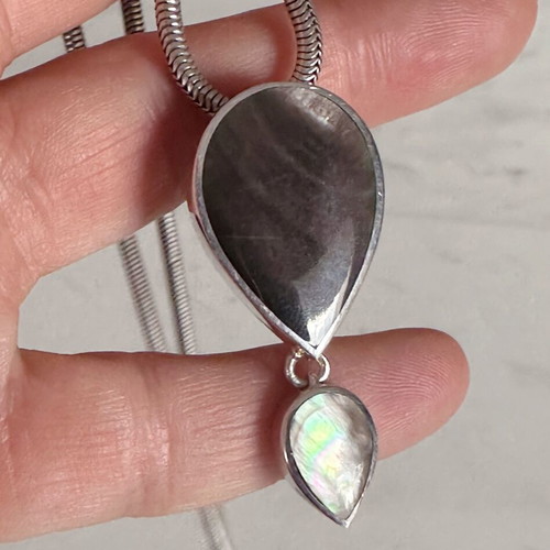 Vintage 925 Silver Pendant with Black Mother of Pearl Double Teardrop and Chain