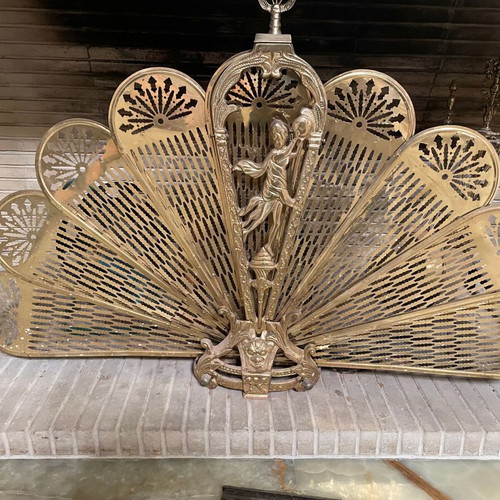 Vintage fireplace decorative screen used, solid brass peacock fan style
