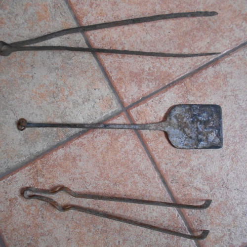 Old fireplace accessories tools used, set of 3 pieces