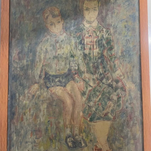 Old Oil Painting on Canvas Children Portrait refurbished