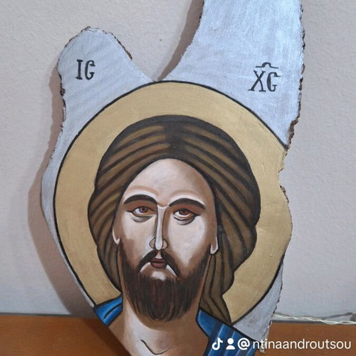 Jesus Christ icon new with egg tempera on wood panel 30x17