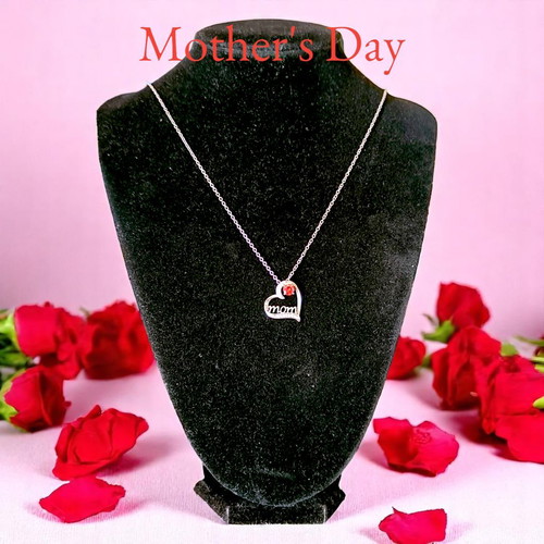 Stainless silver heart necklace with zircons and red crystal mom, new