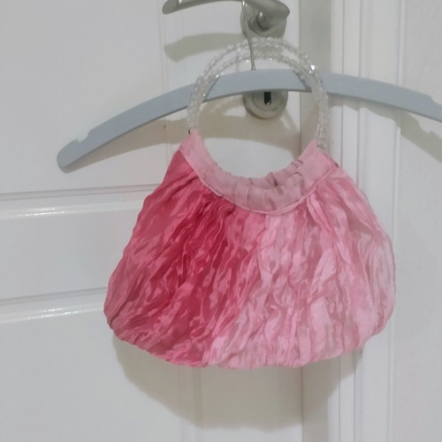 Handbag pink fuchsia fabric with beaded handles