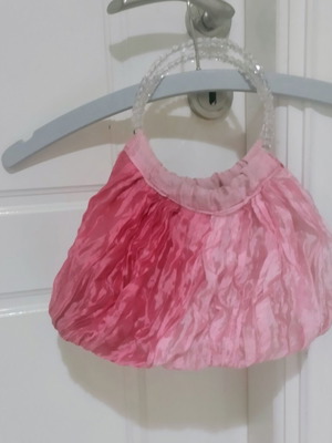 Handbag pink fuchsia fabric with beaded handles