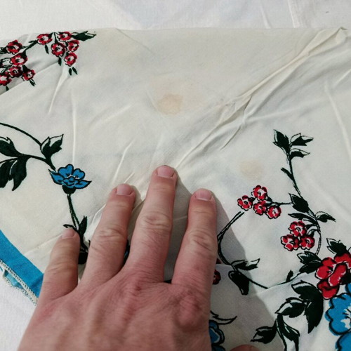 Headscarf used, size 60x60 cm with stains