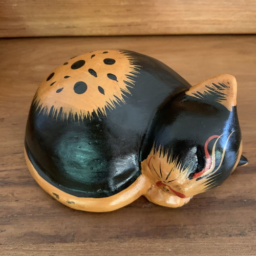 Wooden Sleeping Cat Figurine like new, hand-carved and painted