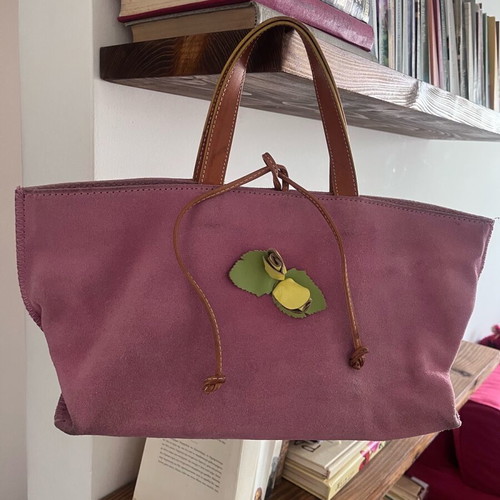 Stefanel leather suede handbag used, pink with floral design