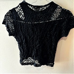 Γυναικεία μαύρη μπλούζα crop top -τοπ με δαντέλα στα μανίκια καινούργιο - Μαύρο κοντομάνικο τοπ, ύφασμα με ελαστικότητα