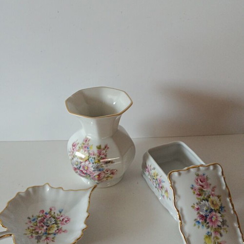 Vintage Limoges France porcelain set, 3 pieces (vase, trinket box & dish)