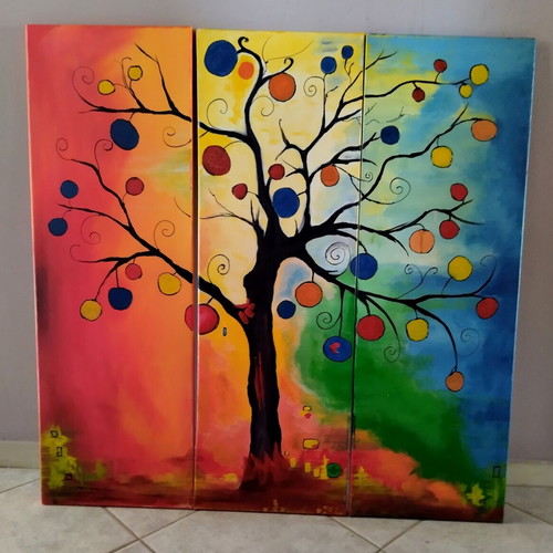 Handmade painting triptych acrylic vibrant colors 90x90 cm like new