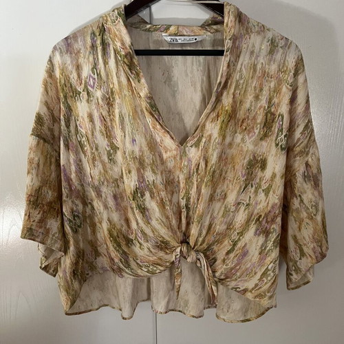 Zara blouse with front knot, beige and purple, like new, size large
