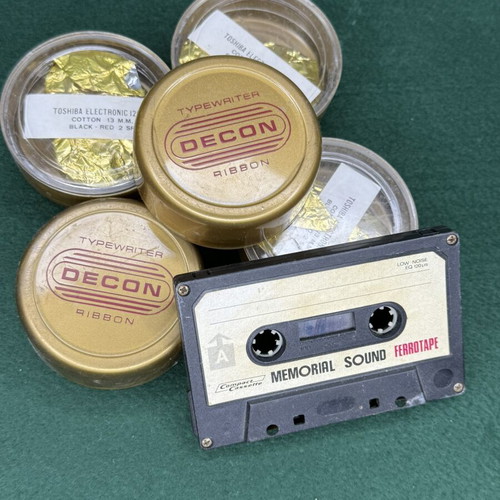 Vintage Decon typewriter ribbon boxes and Memorial Sound cassette used