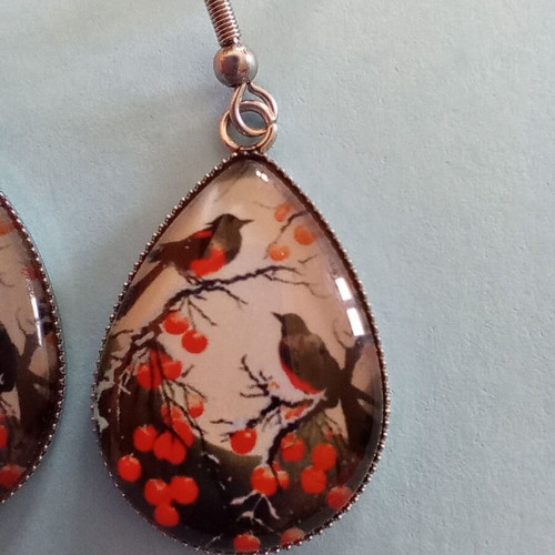 Teardrop earrings with birds new, multicolored and silver