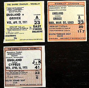 3 Εισιτήρια Εθνικής Ελλάδος και Κυπρου με Αγγλία Wembley. Προκριματικά Ευρωπαϊκού 1971, 1975, 1983.