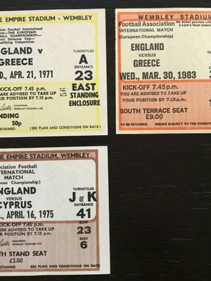 3 Used Tickets Greece and Cyprus National Team vs England Wembley 1971-1983