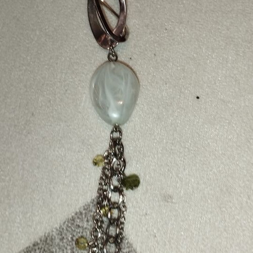 Long Boho Statement Necklace with Olive Ribbon, Stones & Hanging Chains