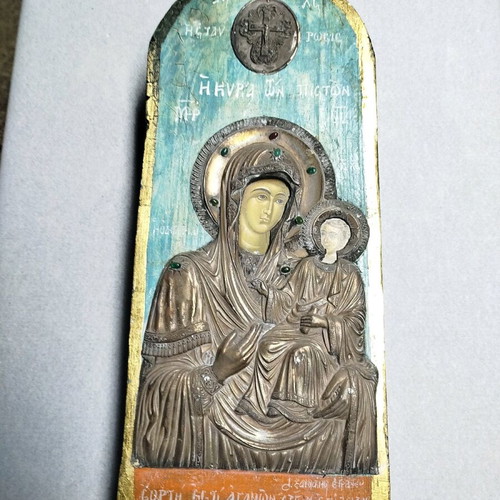 Handmade Orthodox Icon of Virgin Mary with Silver 950