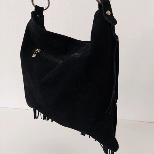 Genuine Leather crossbody bag used with fringes, black suede