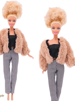 Doll dress Office style with checkered pants and fur new