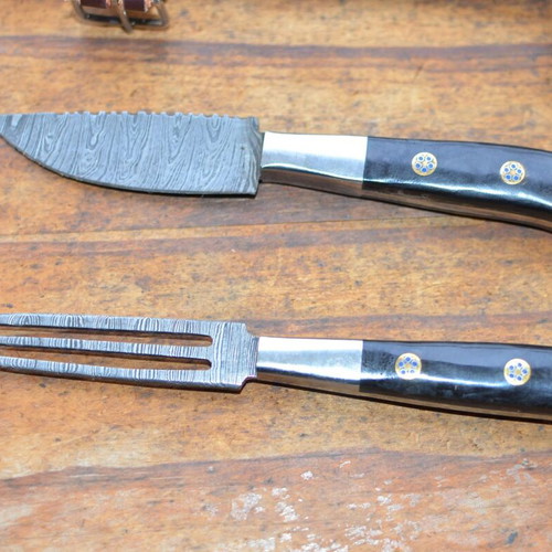Damascus Hand Forged Knife and Fork BBQ Hunting Set New