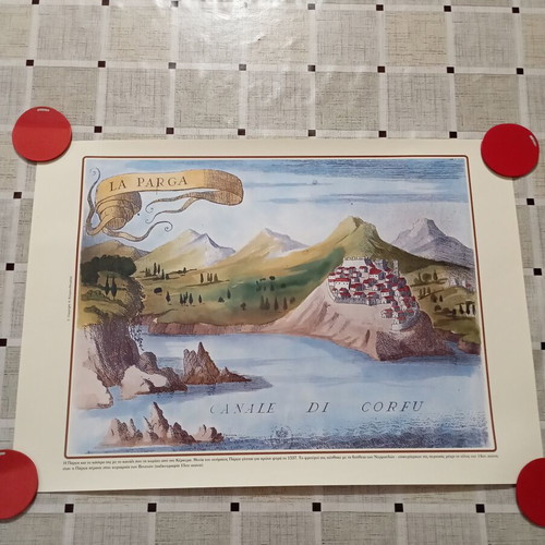 Decorative engraving of Parga and its castle with Corfu canal, new